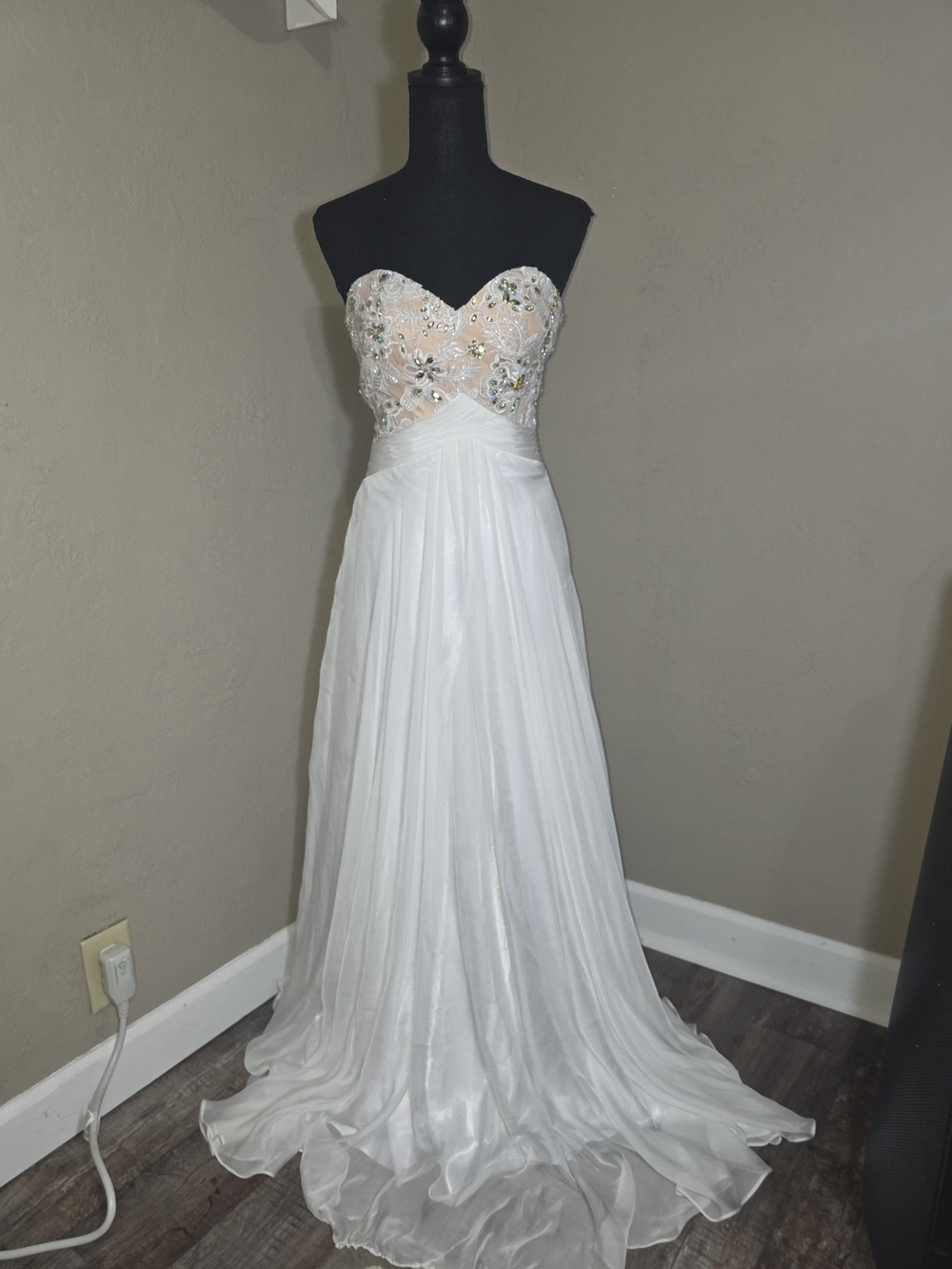Strapless White Embellished Chiffon Evening Dress
